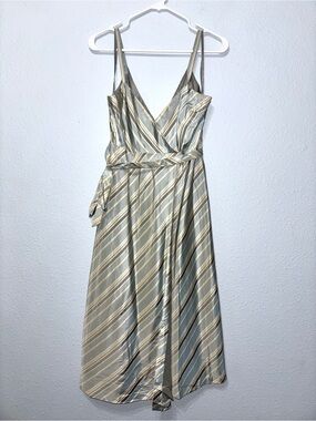Banana Republic NWT Vintage Y2K Pale Blue & Tan Silk Striped Midi Sundress 8